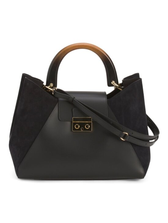 Claudia Handbags - CLAUDIA Made In Italy Leather Large Suede Side Wood Handle Satchel